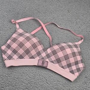 Victoria's Secret T-Shirt Bra Women 36C Pink Plaid Rhinestone Wireless Bling